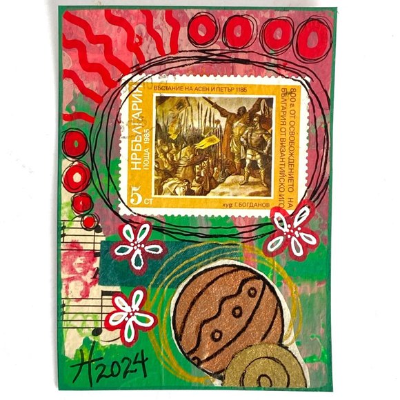 ACEO Original Collage Painting Vintage 80s International Postage Stamp Art ATC - Picture 2 of 3